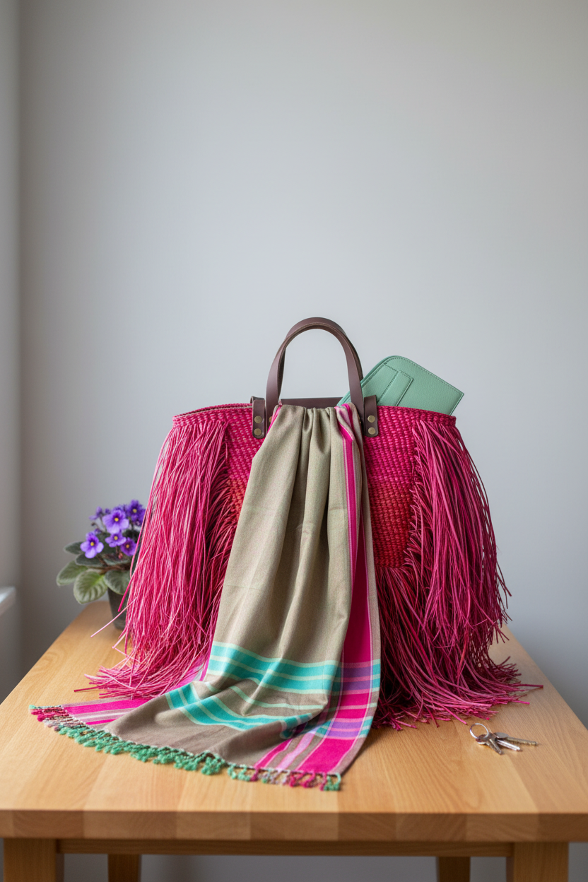 Pink fringed bag with a green and pink patterned fabric draped over it on a wooden surface.