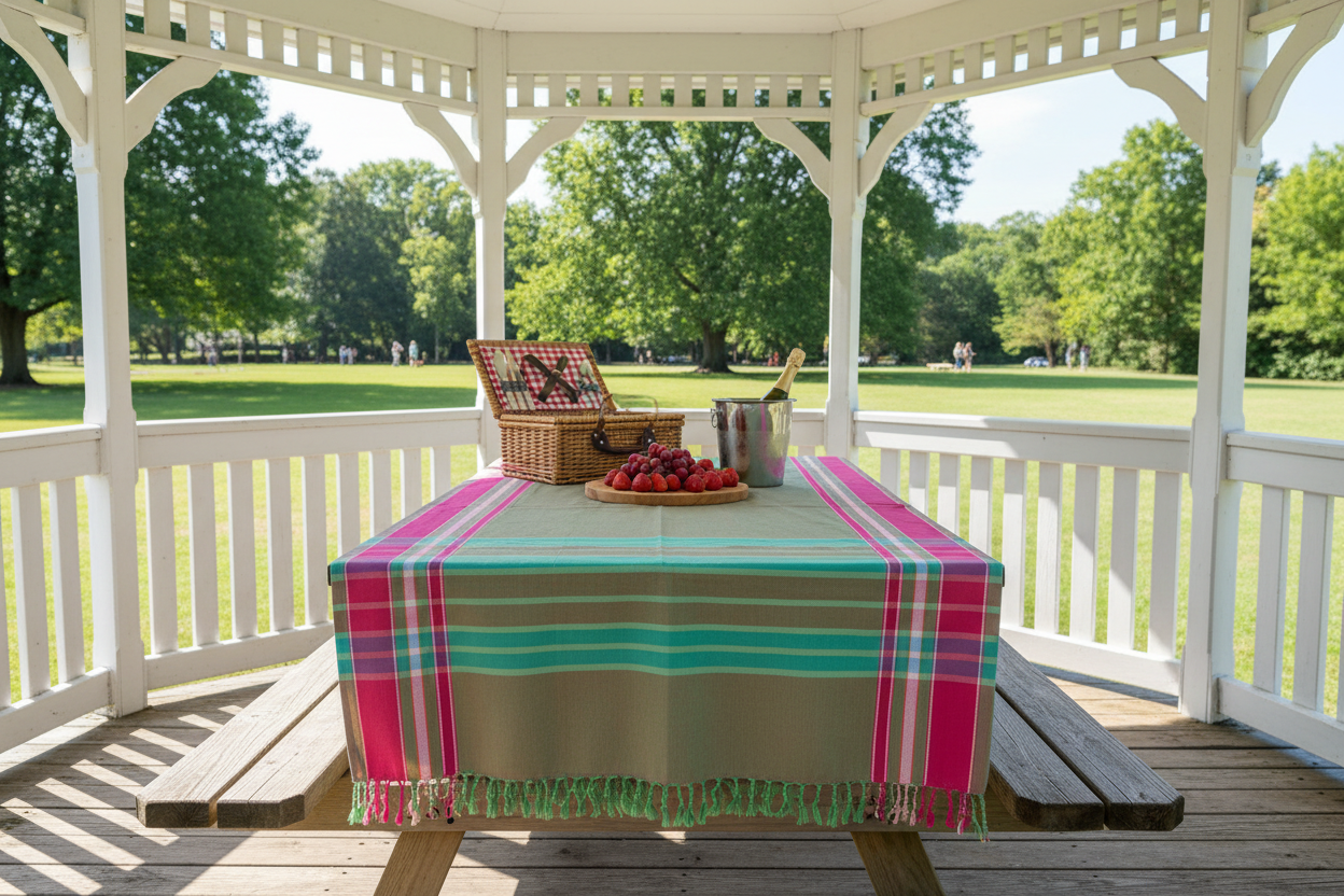 Picnic setup on a wooden table with a plaid tablecloth in a gazebo with greenery outside