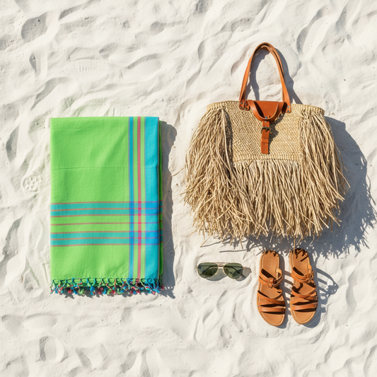 Beach bag, green towel, sunglasses, and sandals on sandy beach