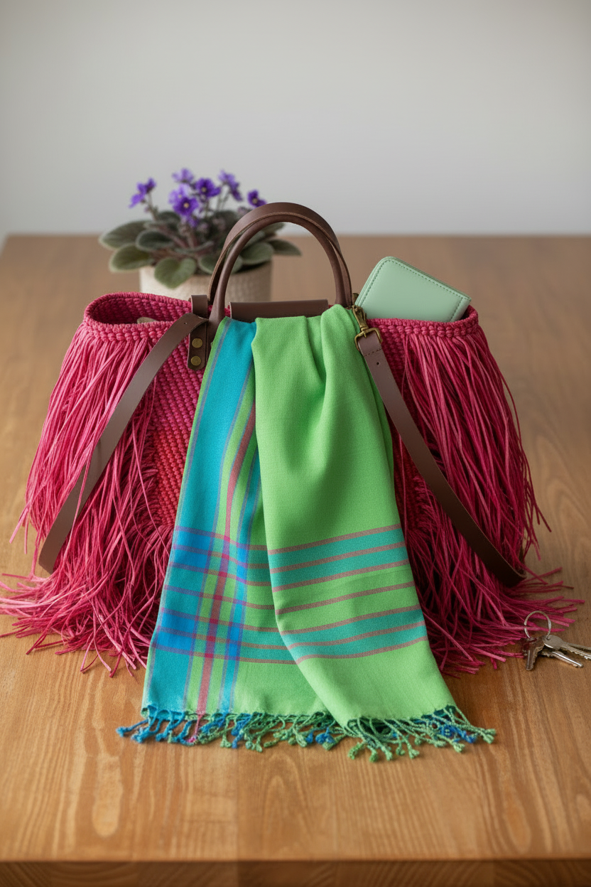 Colorful handbag with fringes on a wooden surface