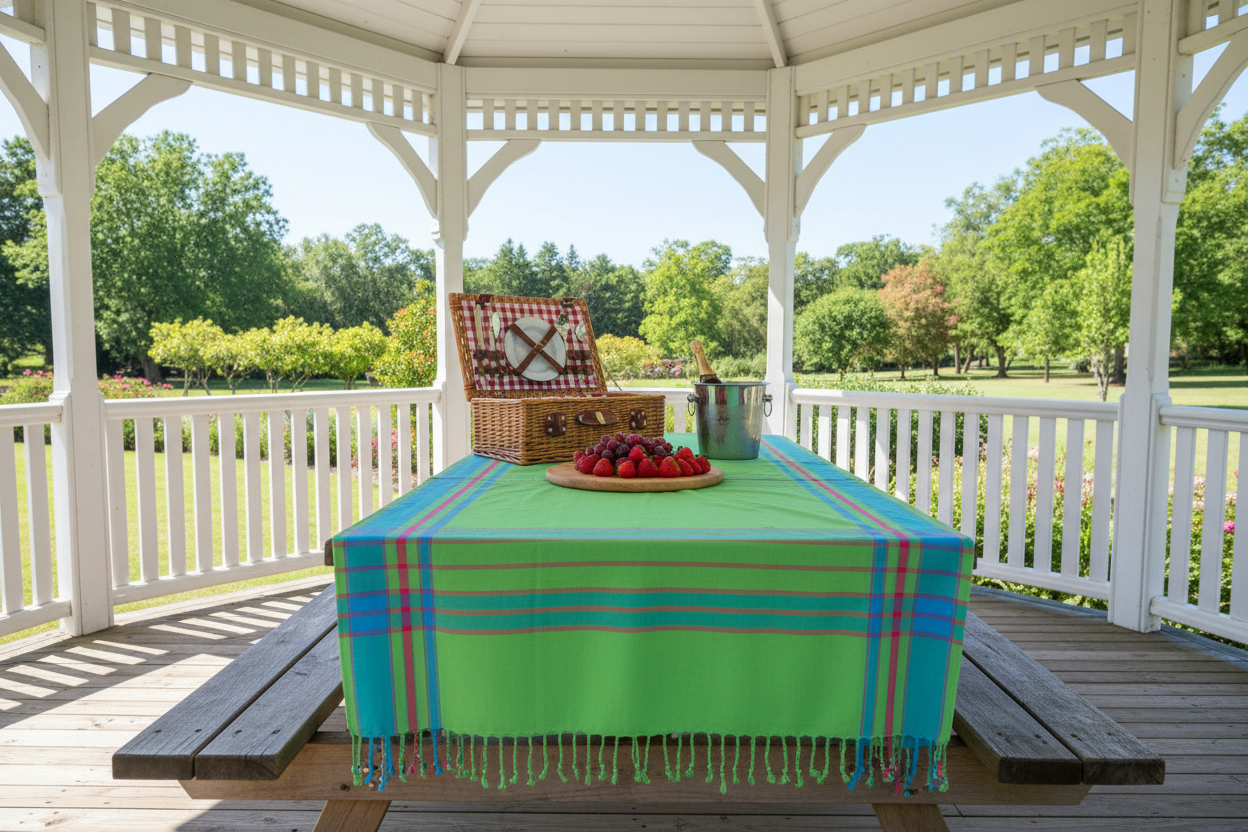 Gazebo with a picnic setup on a wooden deck, surrounded by trees.