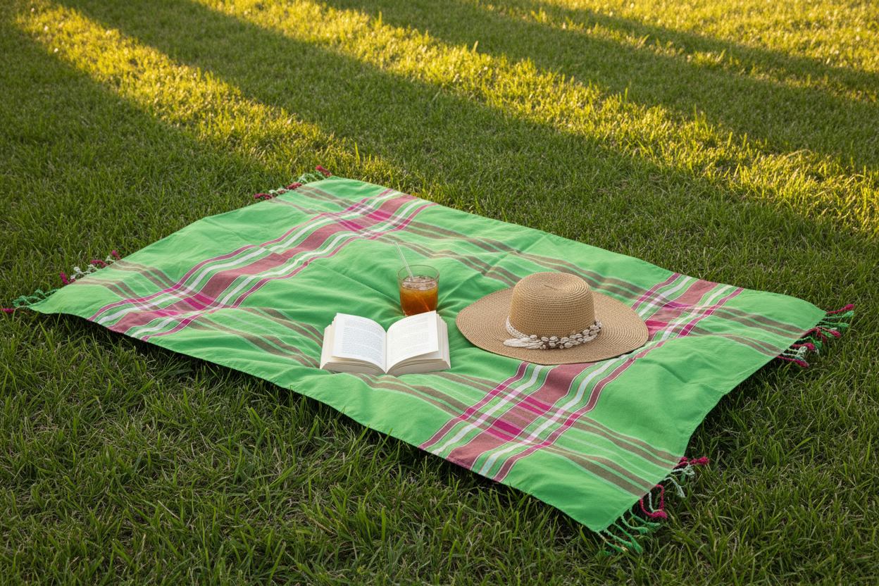 Wild Guava kikoi spread on grass as picnic blanket with correct proportions showing book, drink and hat