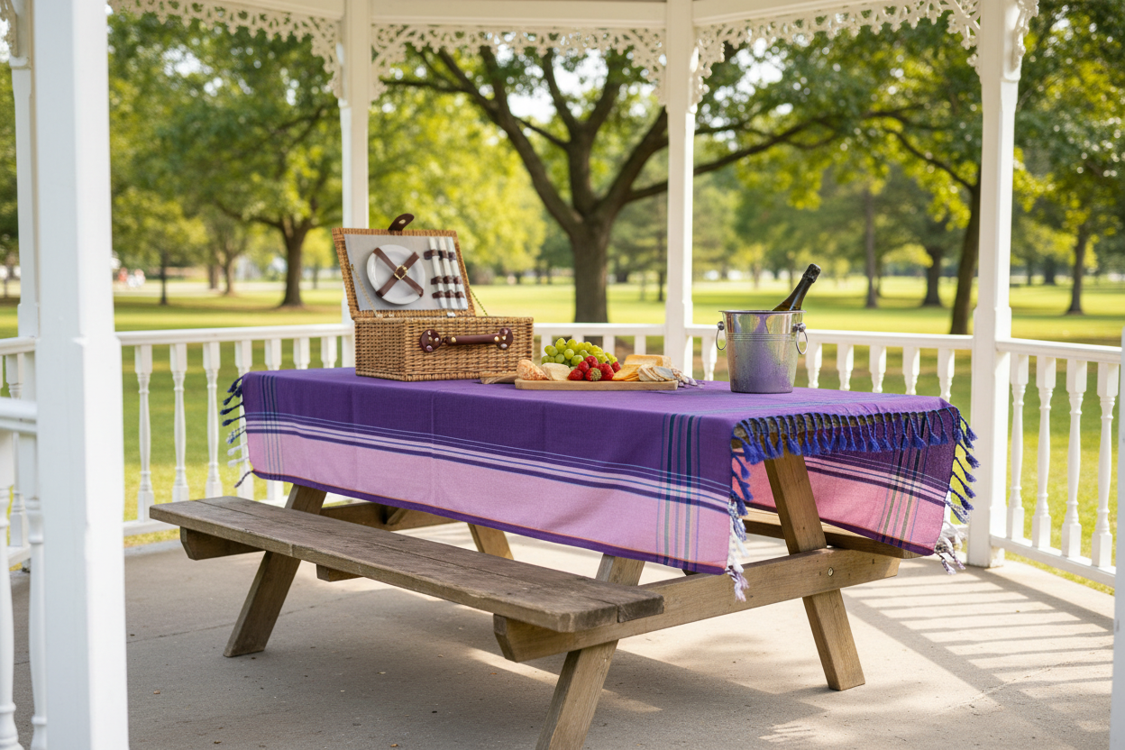 Moonflower Tide kikoi as tablecloth on gazebo picnic table with basket, champagne and fruit platter