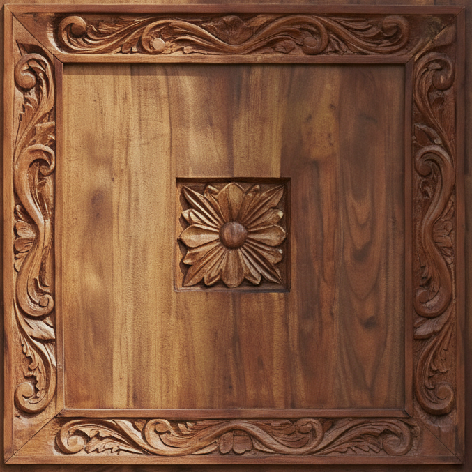 Close-up of square carved panel on Zanzibar door showing geometric patterns and hand-carved timber details