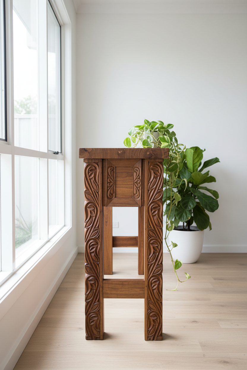 Filigree Flourish Zanzibar Console side view detail in light airy space with greenery