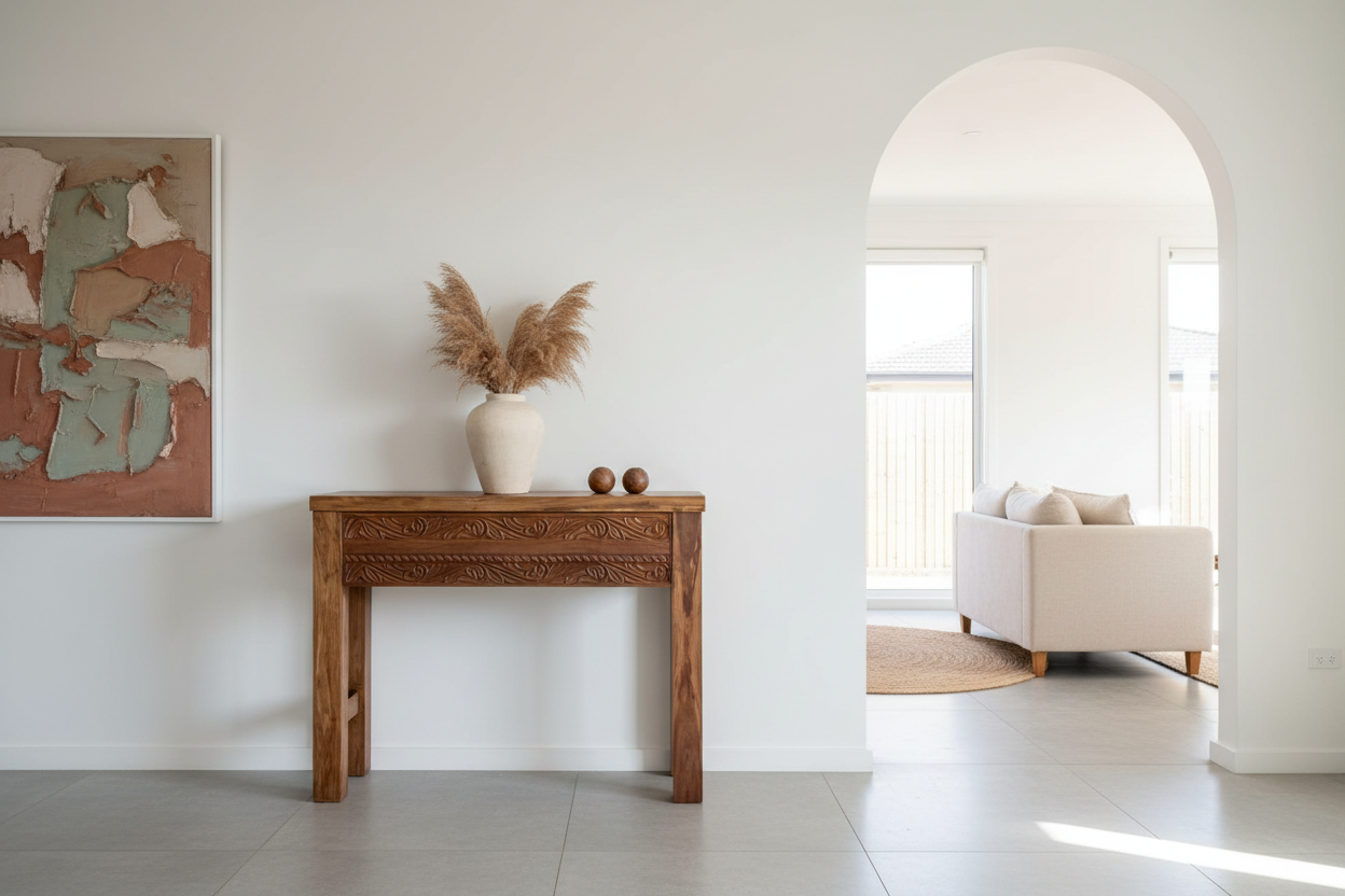Earthen Rhythm Zanzibar Console in room context showing scale and placement