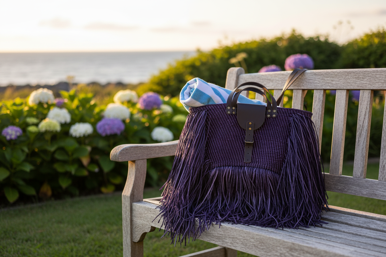 Purple fringed tote on outdoor bench with rolled towel