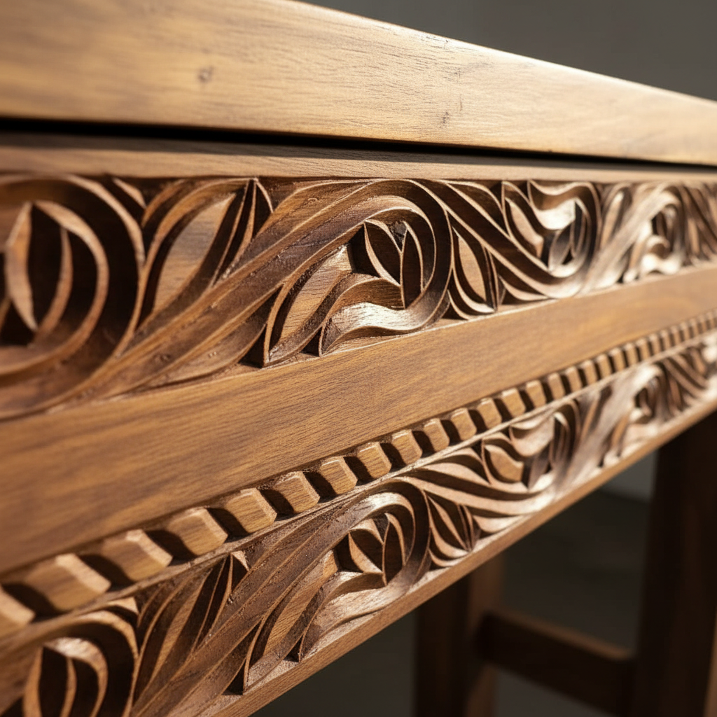 Close-up detail of hand-carved leaf motifs and rope twist on Earthen Rhythm Zanzibar Console