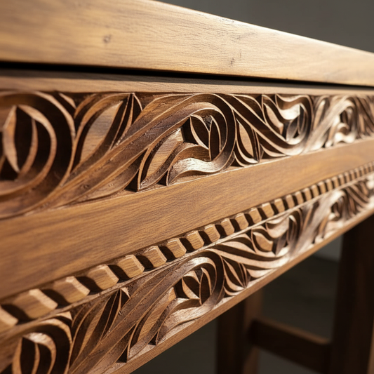 Close-up detail of hand-carved leaf motifs and rope twist on Earthen Rhythm Zanzibar Console