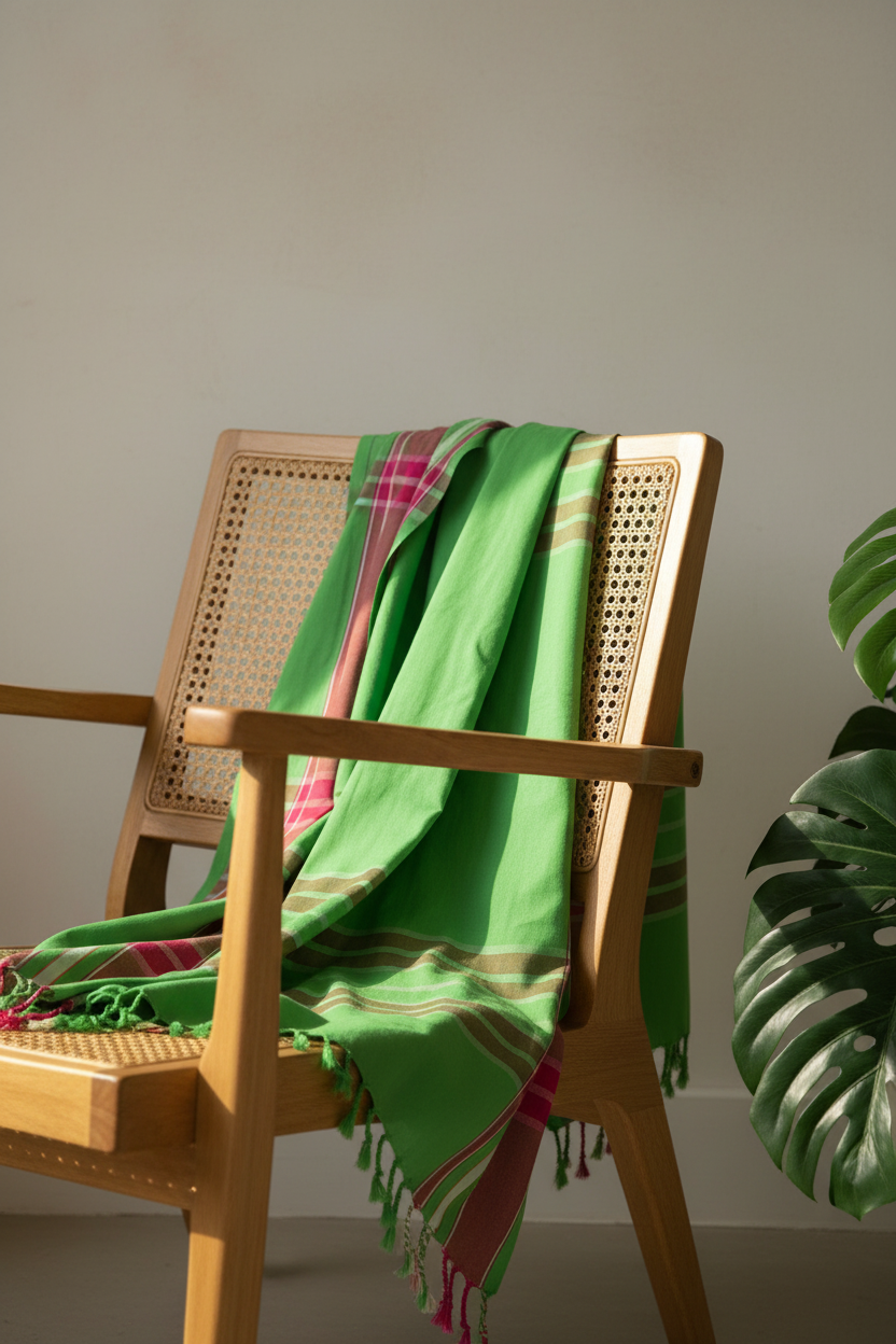Wild Guava kikoi draped over natural timber furniture showing versatility as throw rug