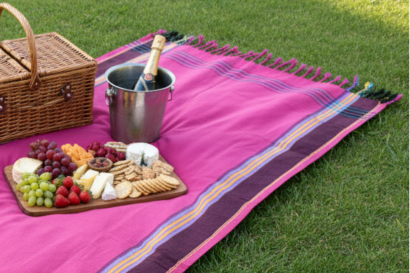 Flamingo Horizon kikoi picnic flat lay on grass with picnic basket, champagne in ice bucket and fruit and cheese platter