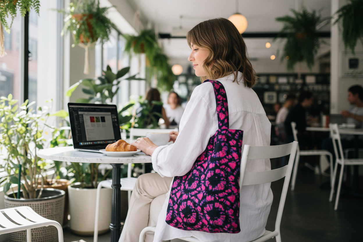 Woman at a coffee shop with a laptop and Ink and Orchid African Print Cotton Bag.