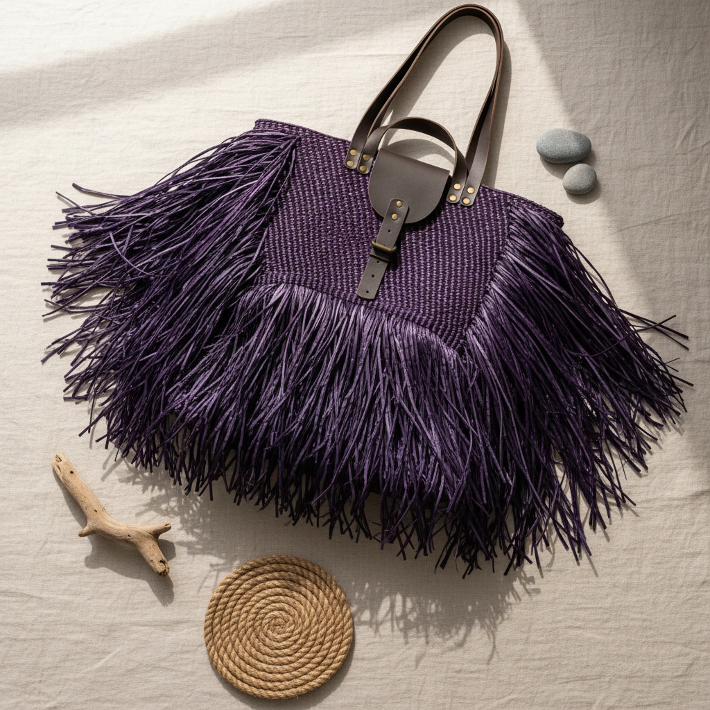Flat lay of purple fringed tote showing rich color and fringe detail