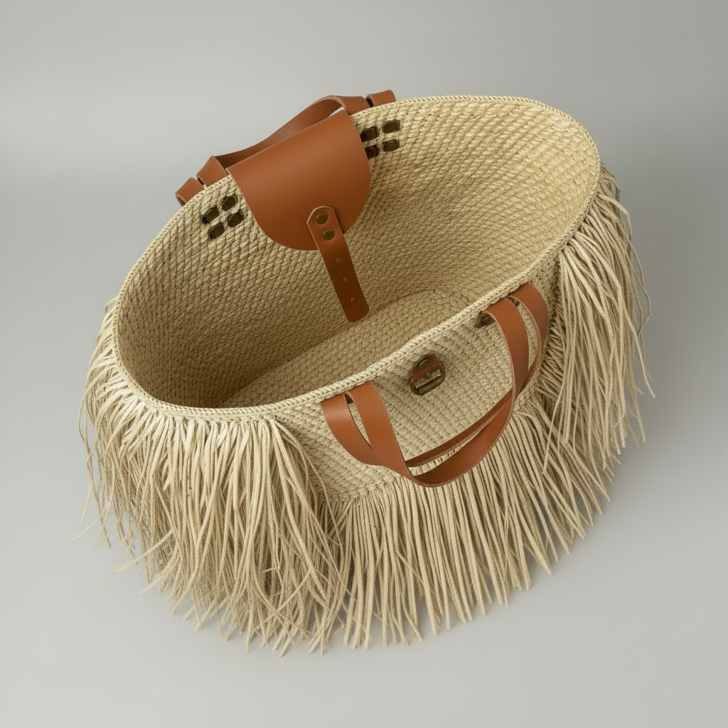 Overhead view of empty natural woven fringed tote showing interior detail
