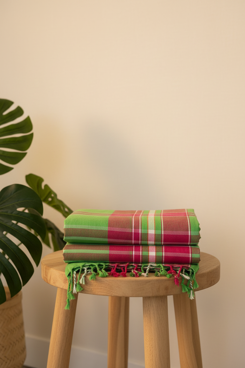 Two Wild Guava kikois folded and stacked showing pink and white sections with warm background and greenery