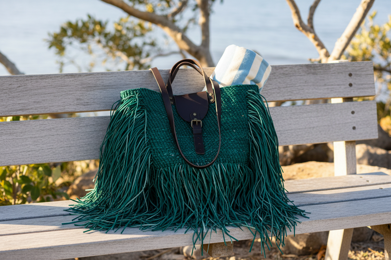 Green fringed tote on outdoor bench with rolled towel
