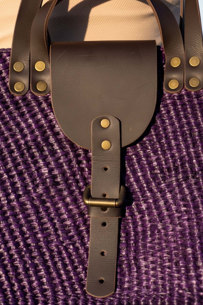Close-up detail of purple fringed tote showing leather closure and woven texture