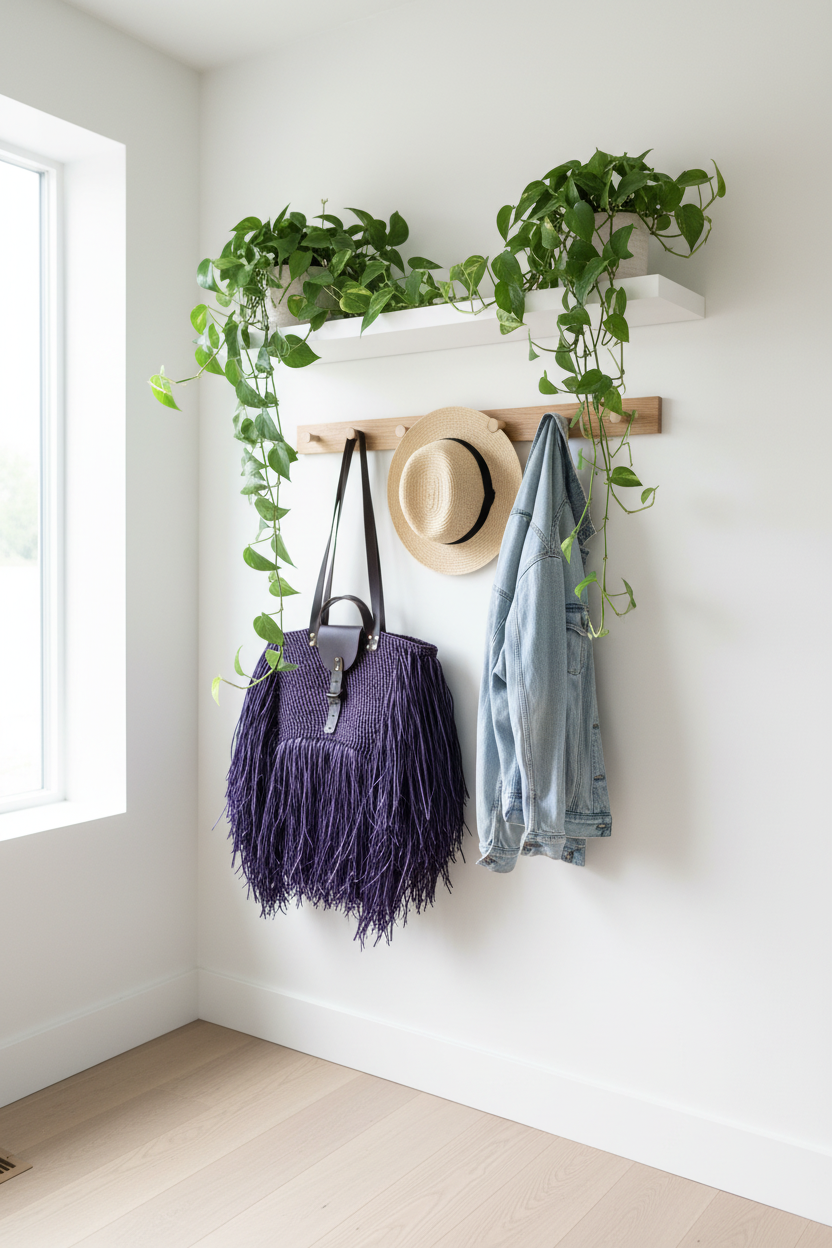 Purple fringed tote in light and airy entryway with hat, denim jacket, and cascading greenery