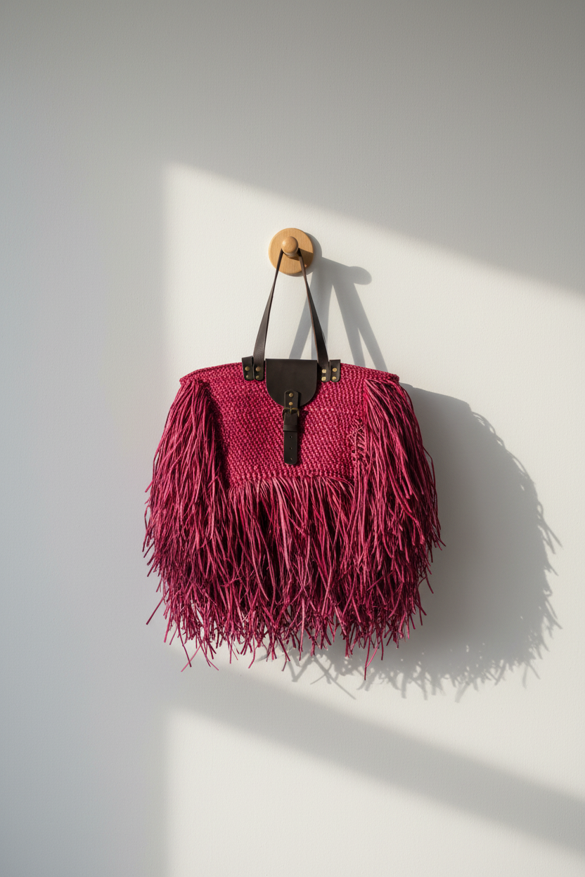 Pink fringed tote hanging on hat rail with fringe cascading down