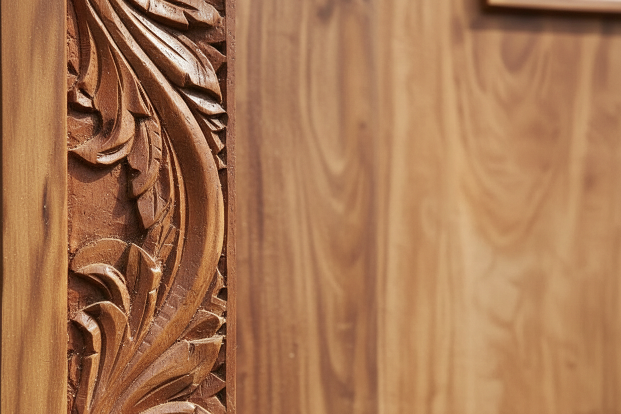 Close-up detail of hand-carved filigree patterns on Zanzibar door showing intricate timber craftsmanship