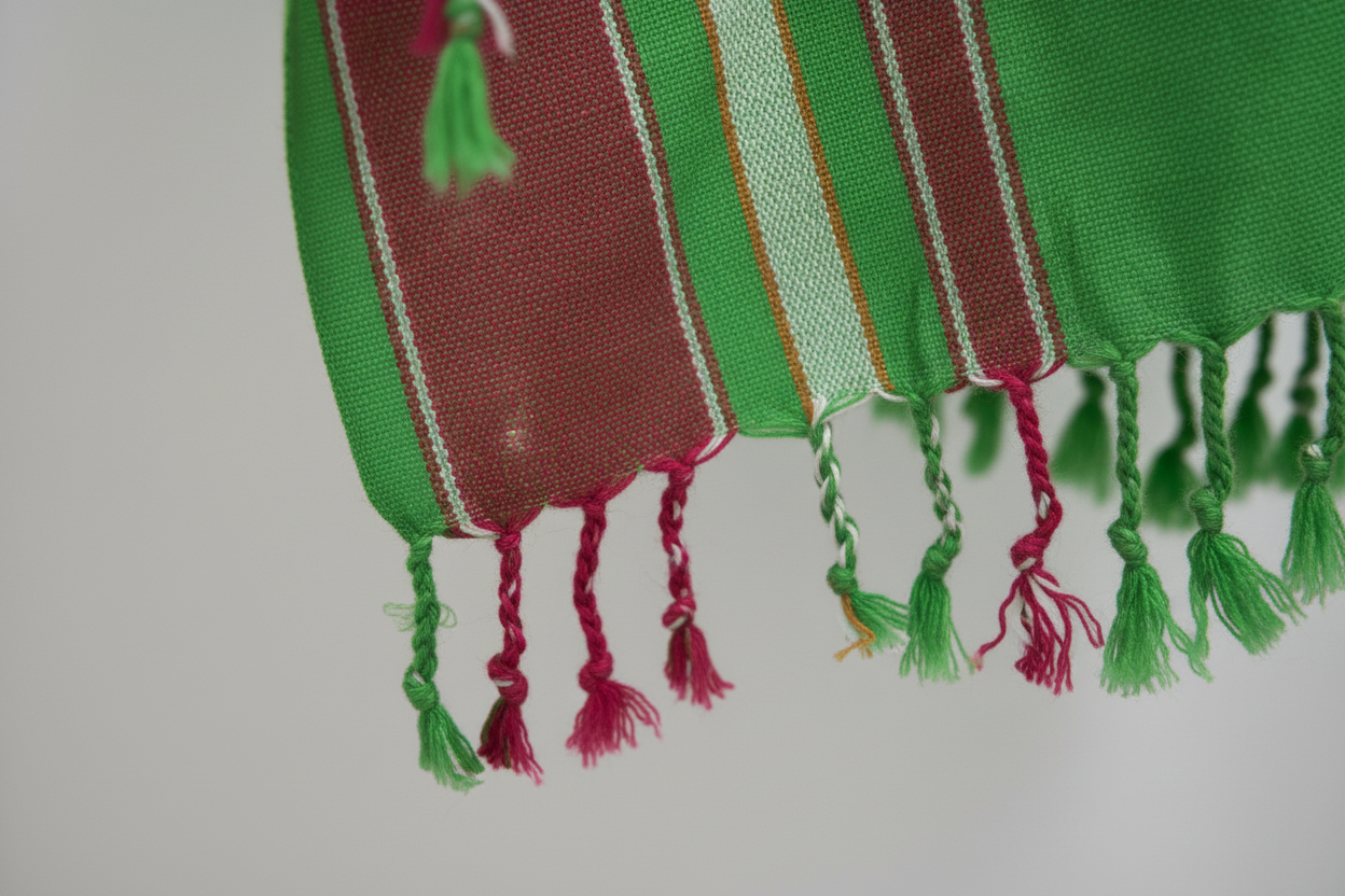 Close-up detail of Wild Guava kikoi showing handwoven cotton weave pattern and fringe