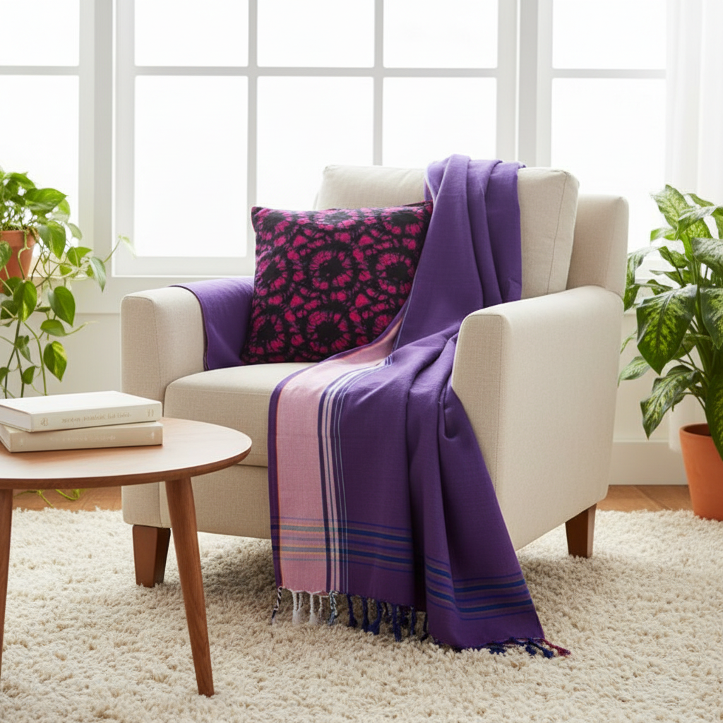Moonflower Tide kikoi draped on chair with Ink and Orchid cushion in bright living room