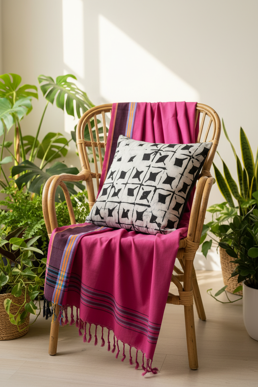 Flamingo Horizon kikoi draped on chair with Monochrome Echo cushion in bright space with greenery