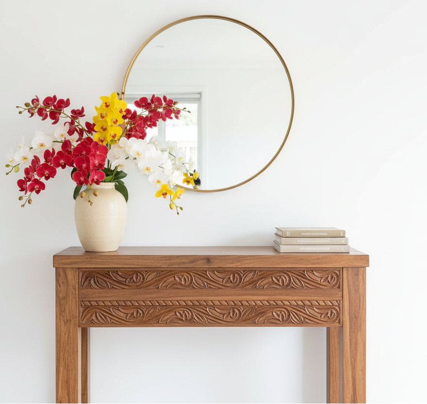 Earthen Rhythm Zanzibar Console styled with red, yellow and white orchids in entryway