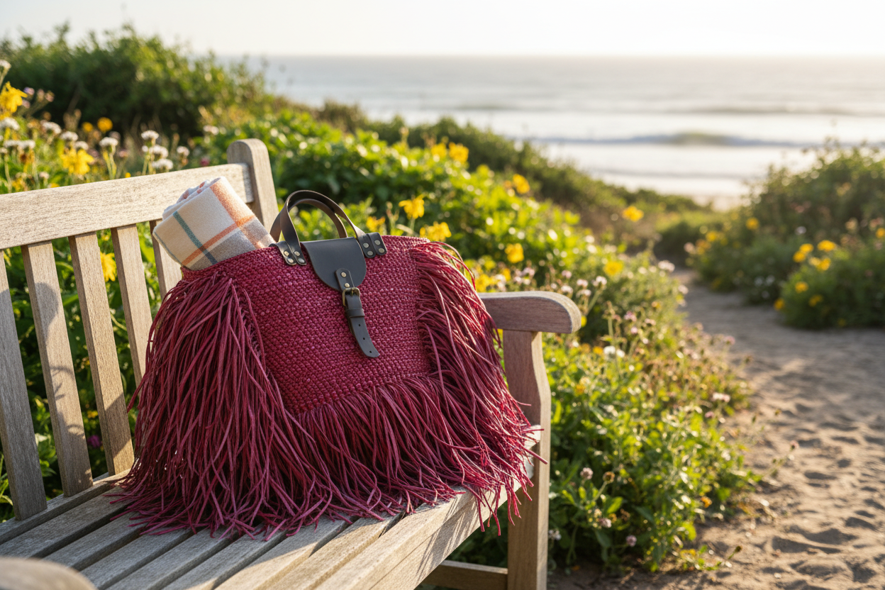 Pink fringed tote on outdoor bench with rolled towel