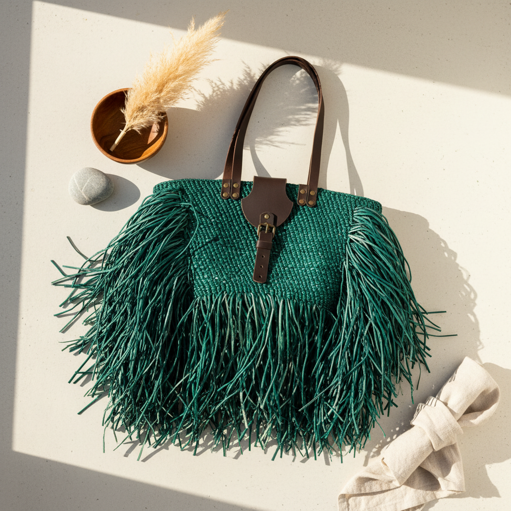 Flat lay of emerald green fringed tote showing rich color and fringe detail