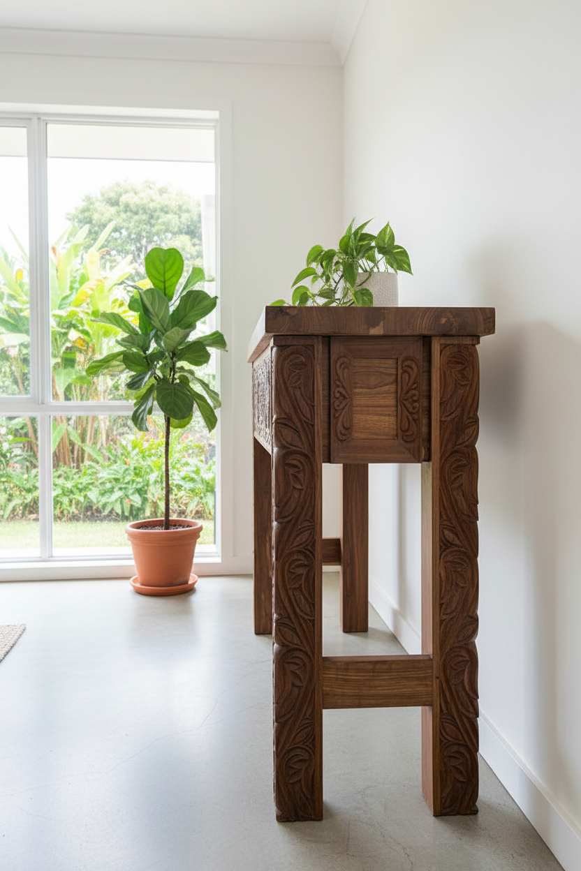 Filigree Flourish Zanzibar Console side view with garden view through window