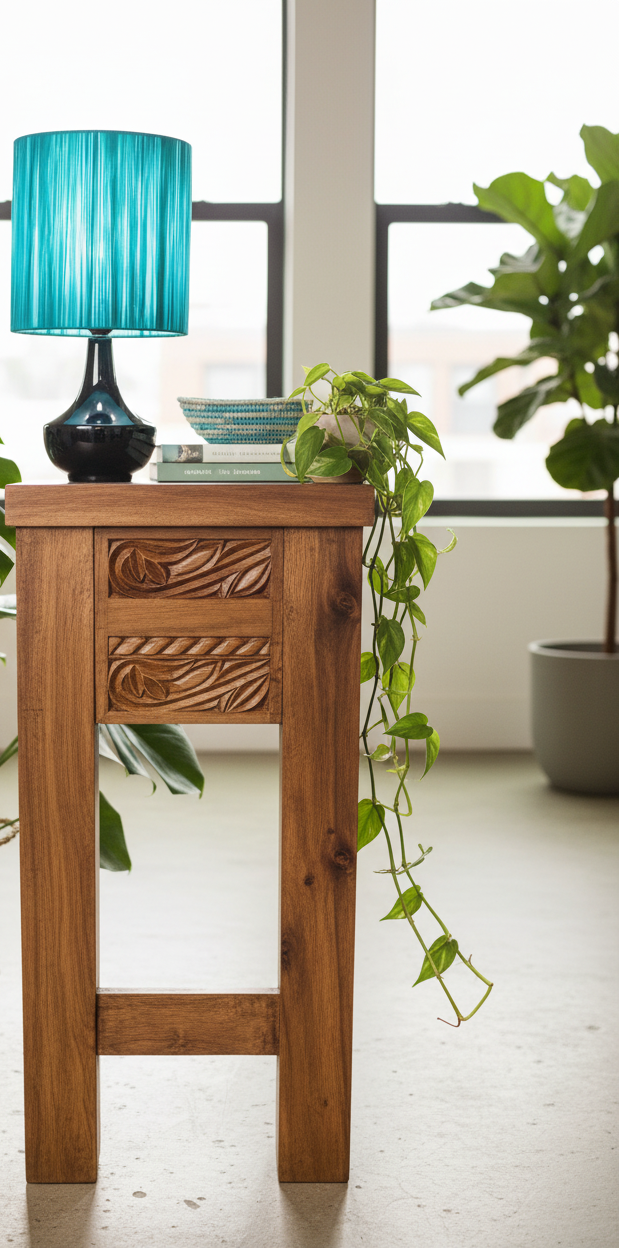 Earthen Rhythm Zanzibar Console with plants, turquoise lamp and woven bowl in bright interior