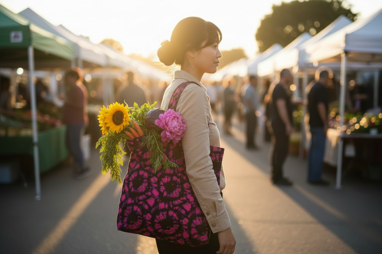 Woman holding flowers and an African print cotton bag at farmers market.