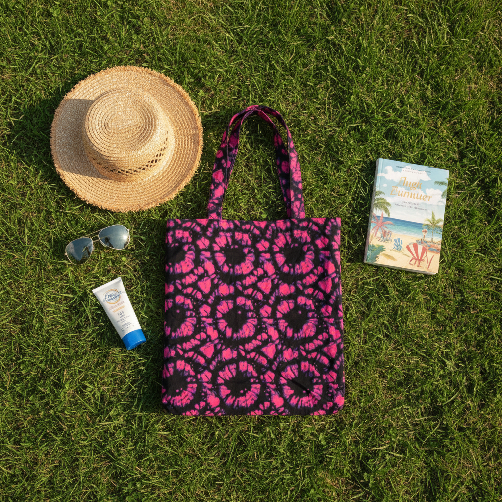 Pink and black patterned tote bag with a straw hat, sunglasses, sunscreen, and a book on grass