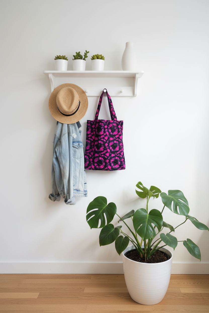 Entryway with a coat rack holding a hat, jacket, and bag, next to a potted plant on a wooden floor.