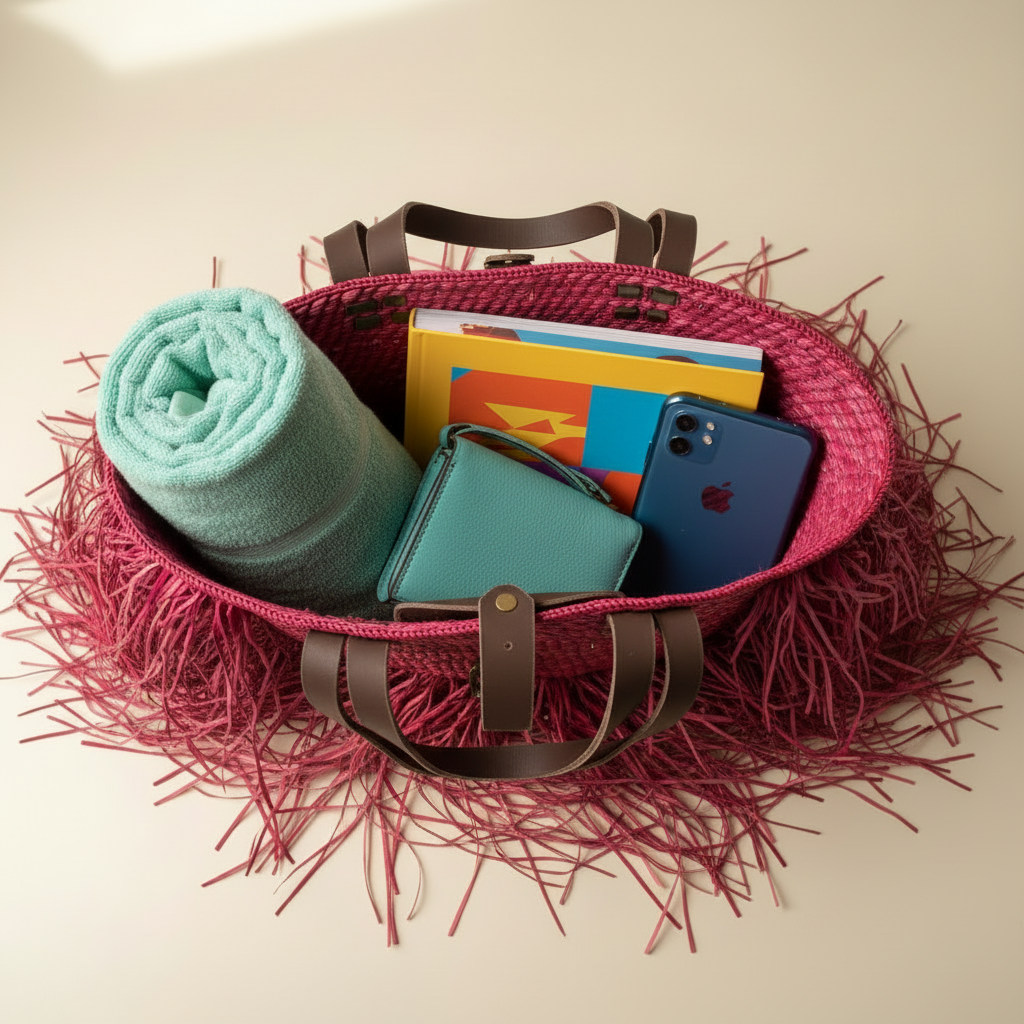 Overhead view of fringed tote with beach essentials - mint towel, turquoise purse, book, and phone