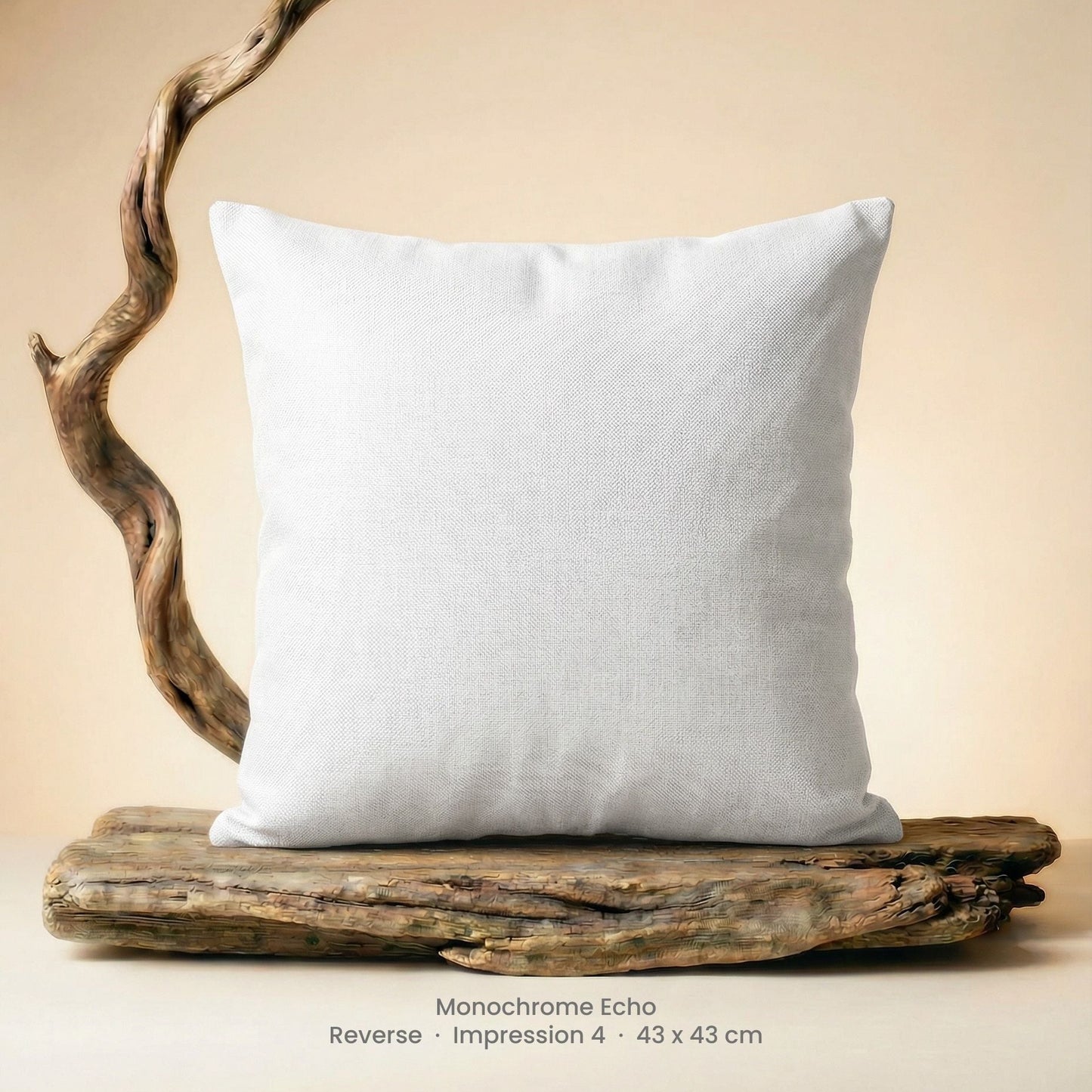 White cushion on a wooden platform with a neutral background