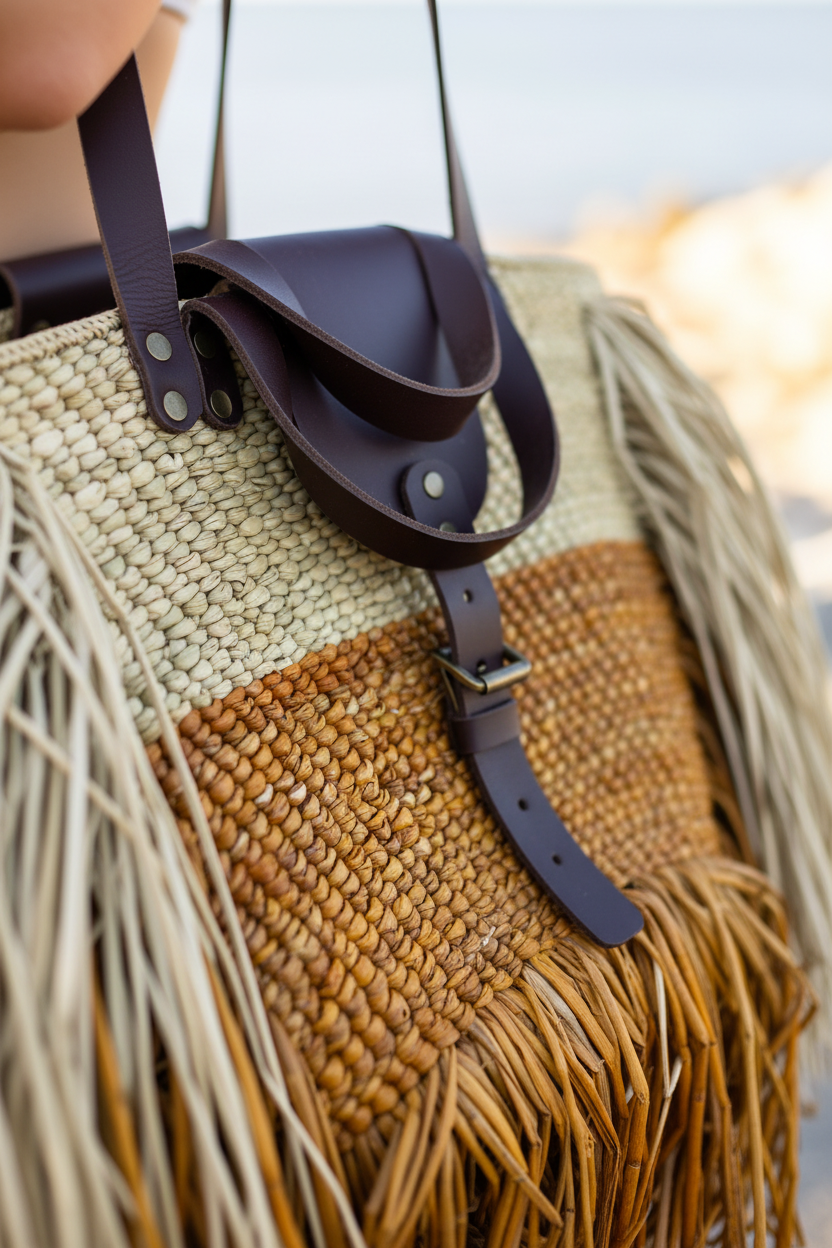 Close-up detail of saffron fringed tote showing woven texture, fringe, and leather hardware