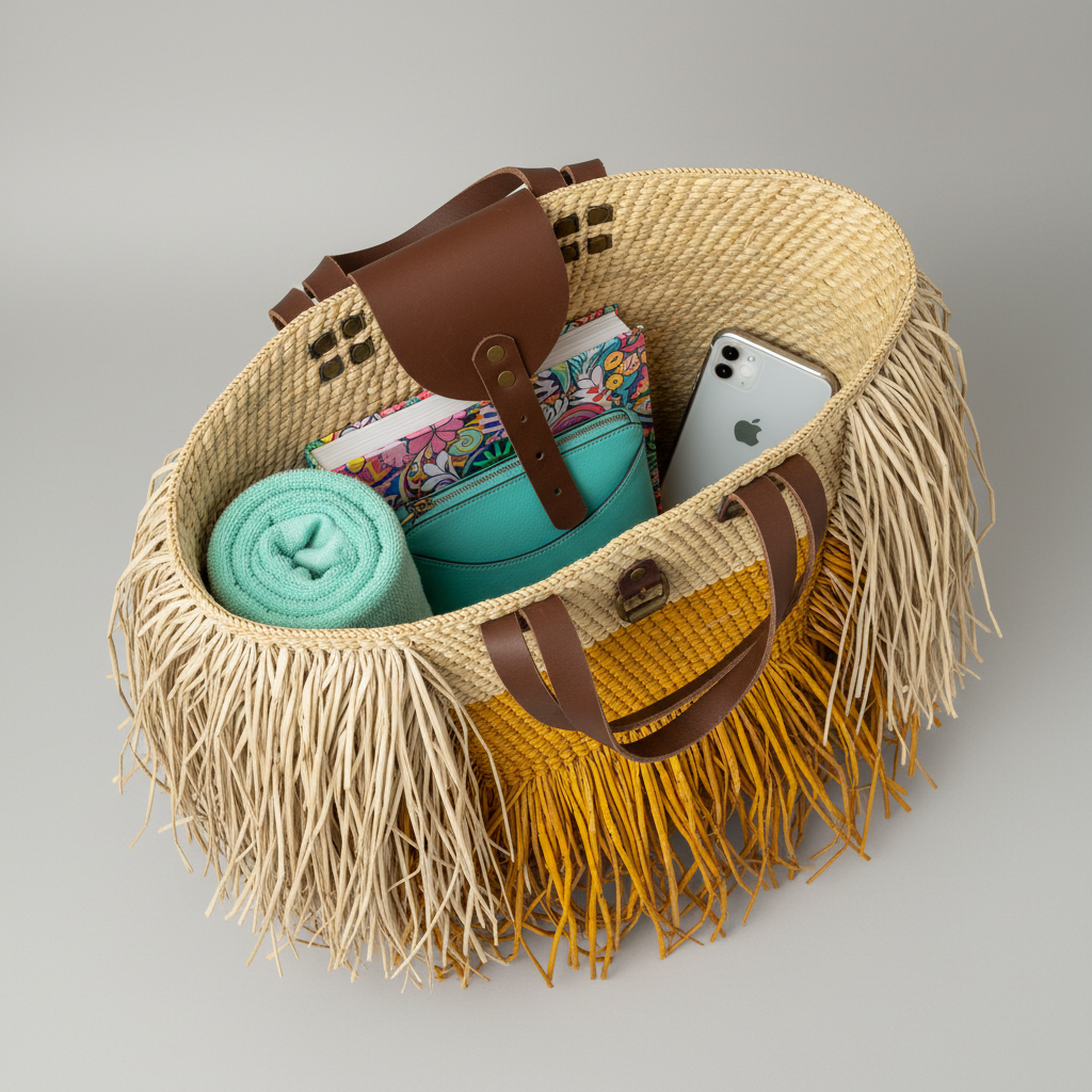 Overhead view of saffron fringed tote with beach essentials showing leather flap and buckle keeper detail