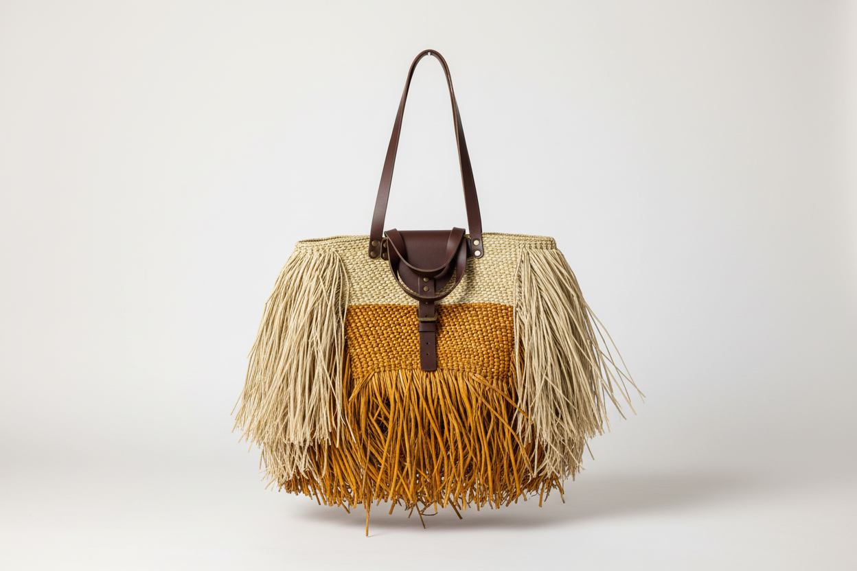 Saffron fringed tote product shot showing full bag shape and fringe detailing