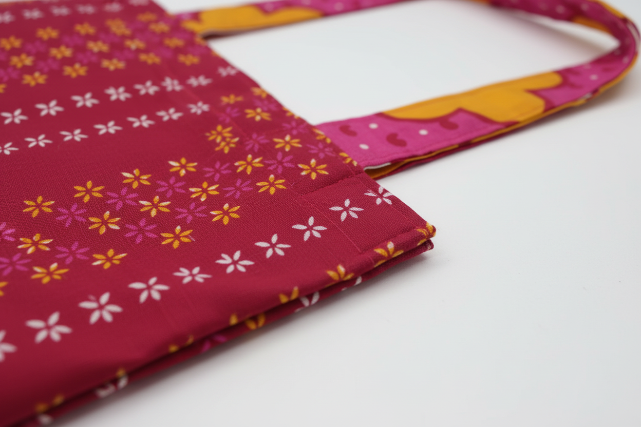 Close-up of handle construction and stitching detail on Sunshine Daisy tote showing quality craftsmanship