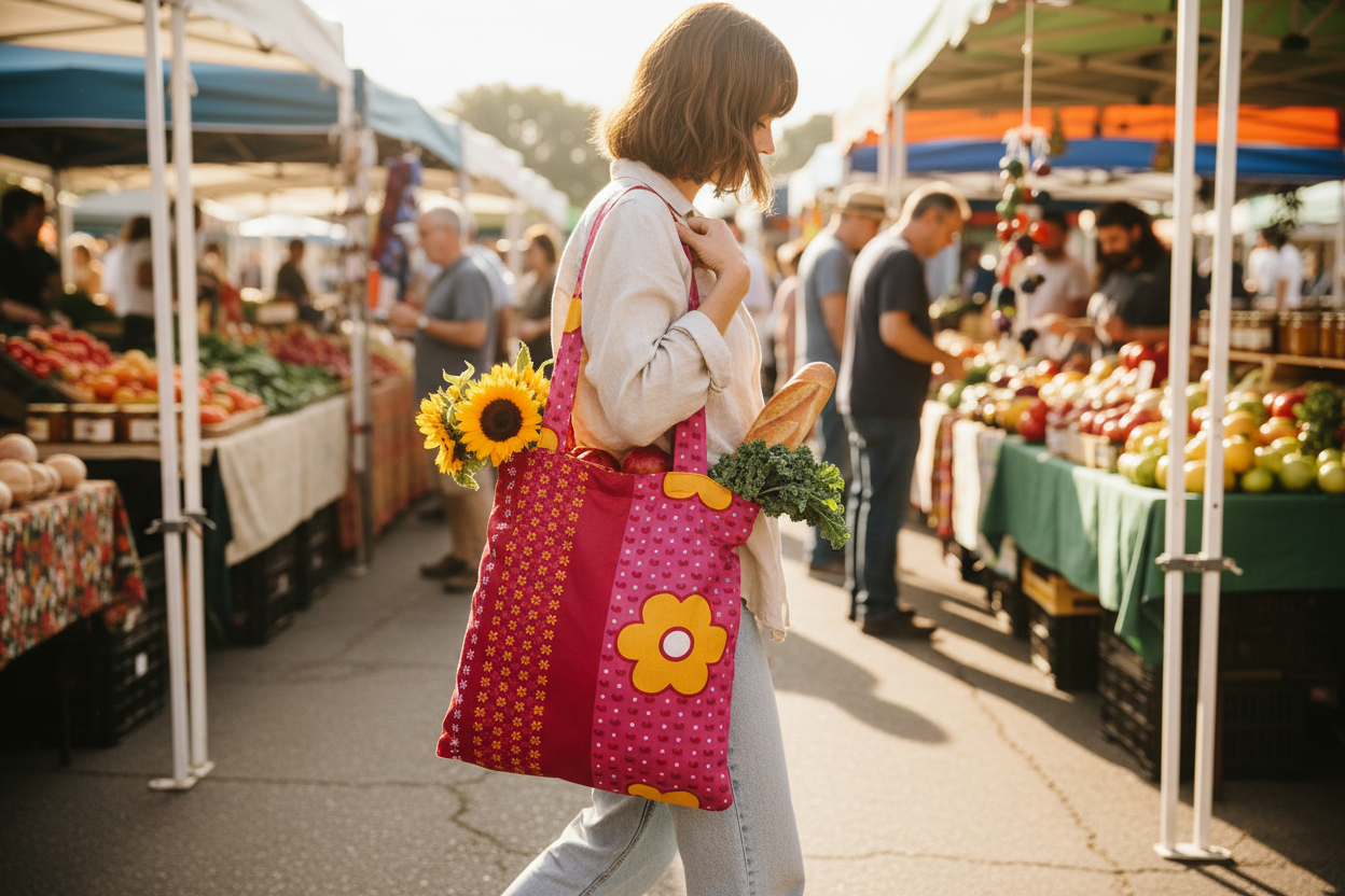 Person at farmers market carrying Sunshine Daisy tote filled with fresh flowers and produce