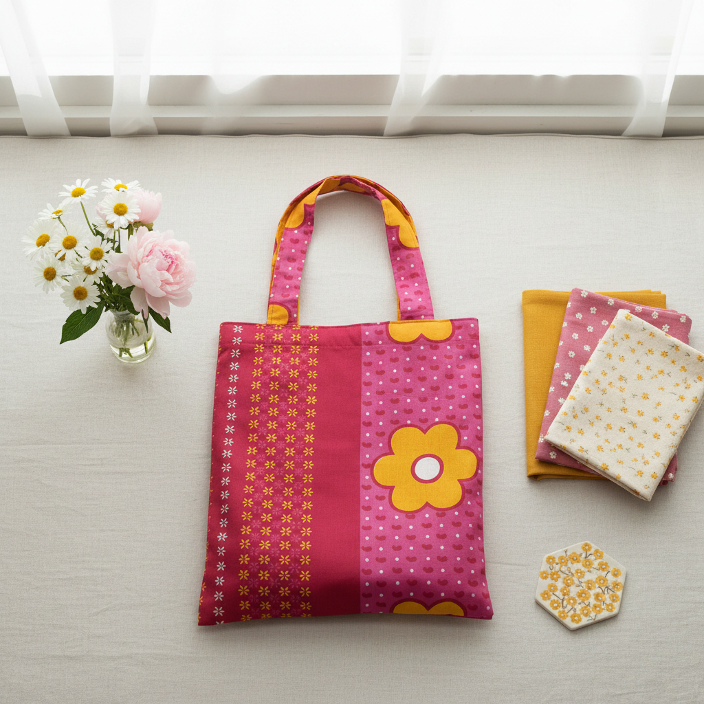Sunshine Daisy tote bag flat lay with complementary styling - editorial product photography