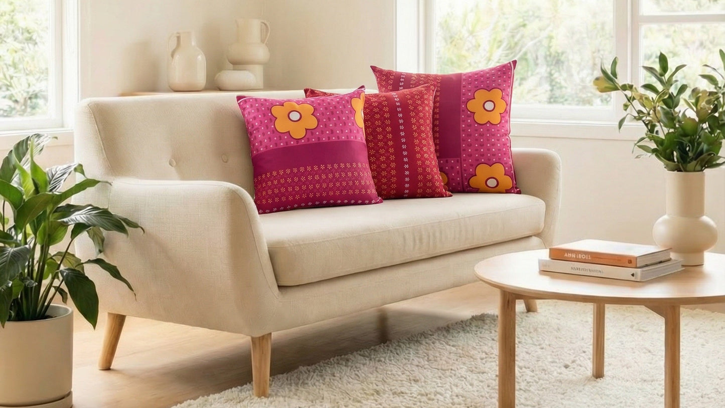 Living room with a beige sofa, coffee table and arrangement of red, pink and yellow cushions.