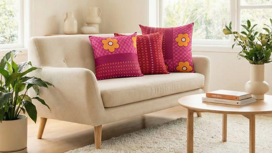 Living room with a beige sofa, coffee table and arrangement of red, pink and yellow cushions.