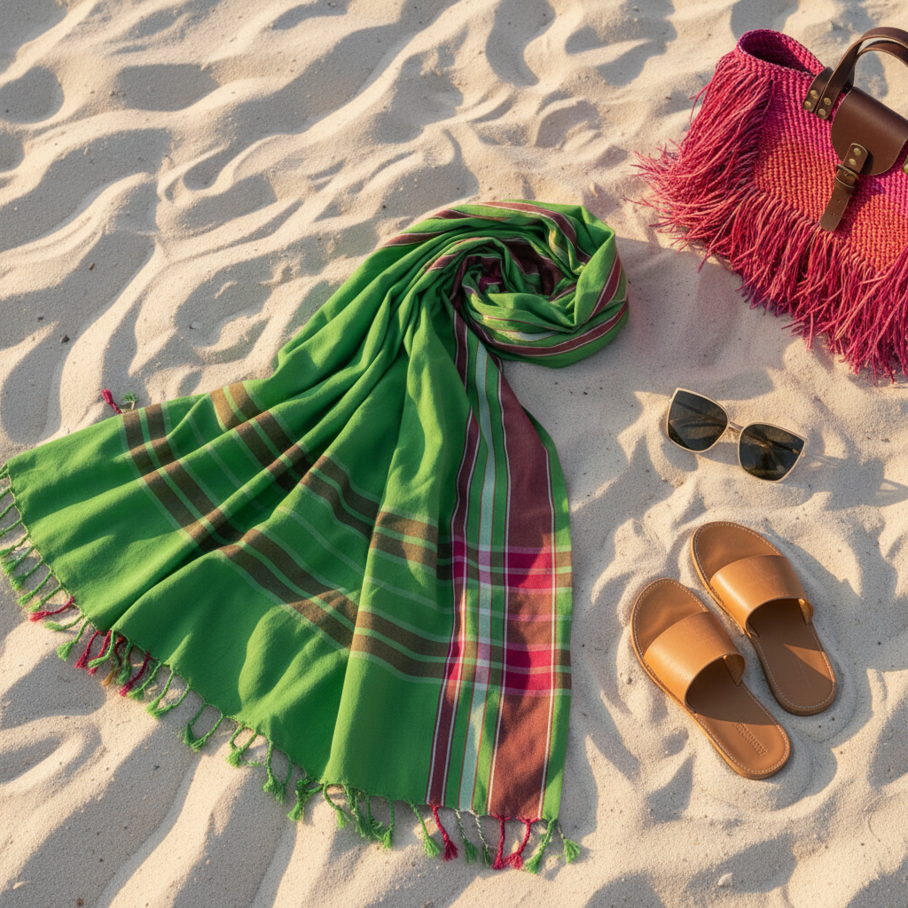 Wild Guava kikoi sarong flat lay on white Australian beach sand with sunglasses, sandals and woven fringe tote