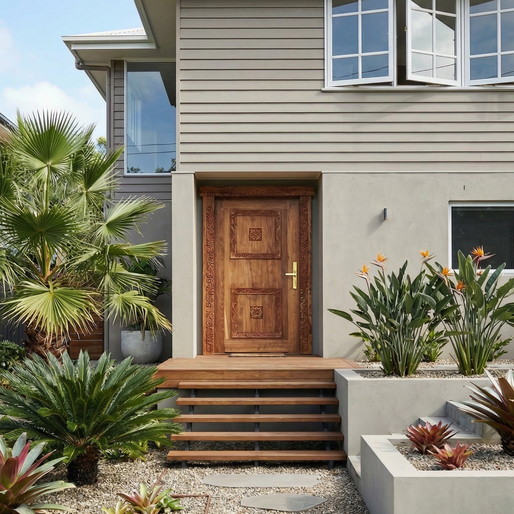 Exterior of postwar house renovation with Zanzibar Door surrounded by tropical garden