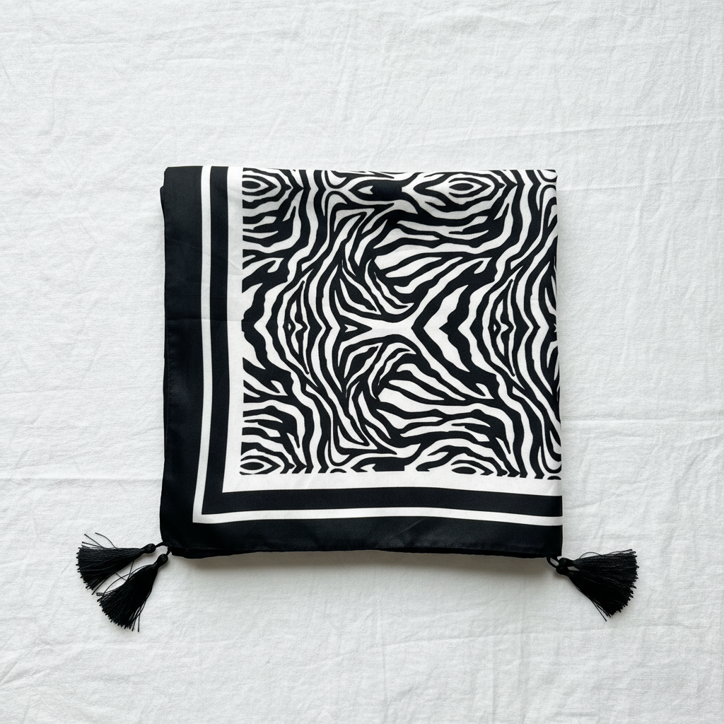 Black and white zebra patterned scarf with tassels on a white background
