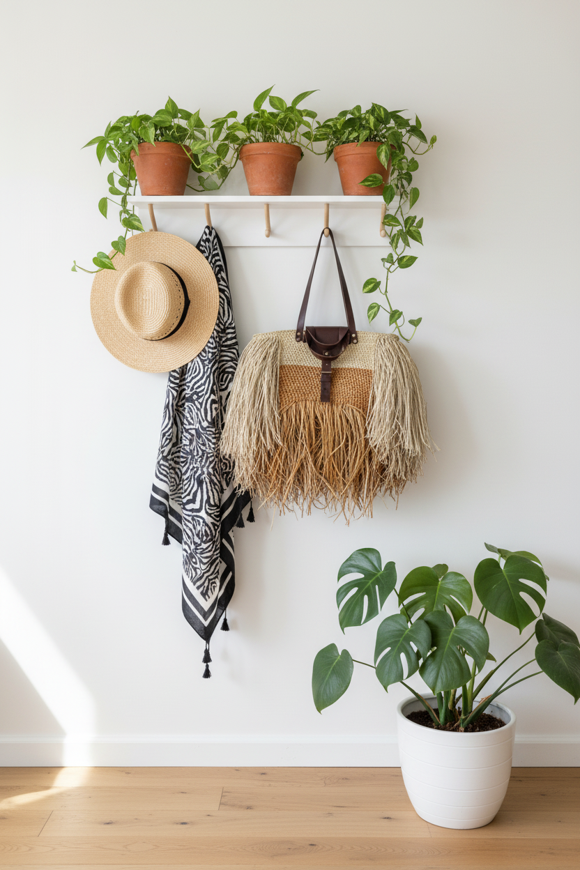 Wall with hooks holding a hat, scarf, and bag, with potted plants on a shelf above and a plant in a pot below.