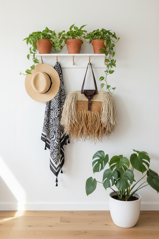 Wall with hooks holding a hat, scarf, and bag, with potted plants on a shelf above and a plant in a pot below.